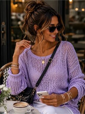 ☀️ ADORA Lavender Open-Weave V-Neck Sweater